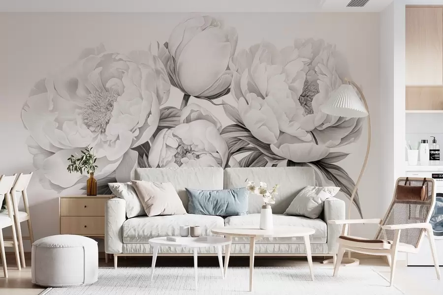 murales de pared Peonías en blanco y negro dibujadas a lápiz w08852