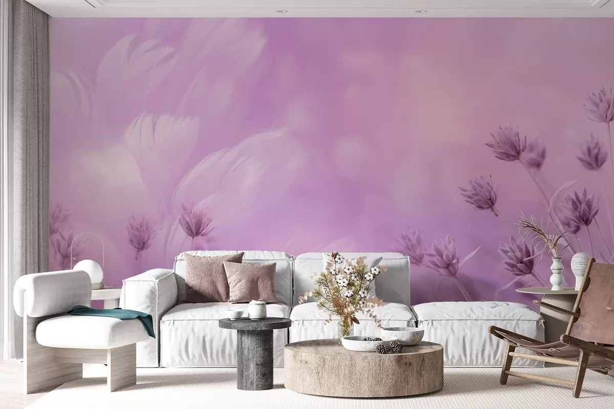 murales de pared Lavanda rosa y púrpura con plumas de fondo w08877
