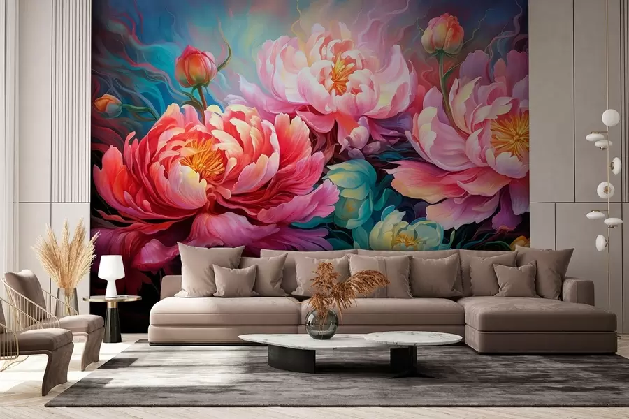 murales de pared Peonías rosas de cuento en estilo pincelada w08879