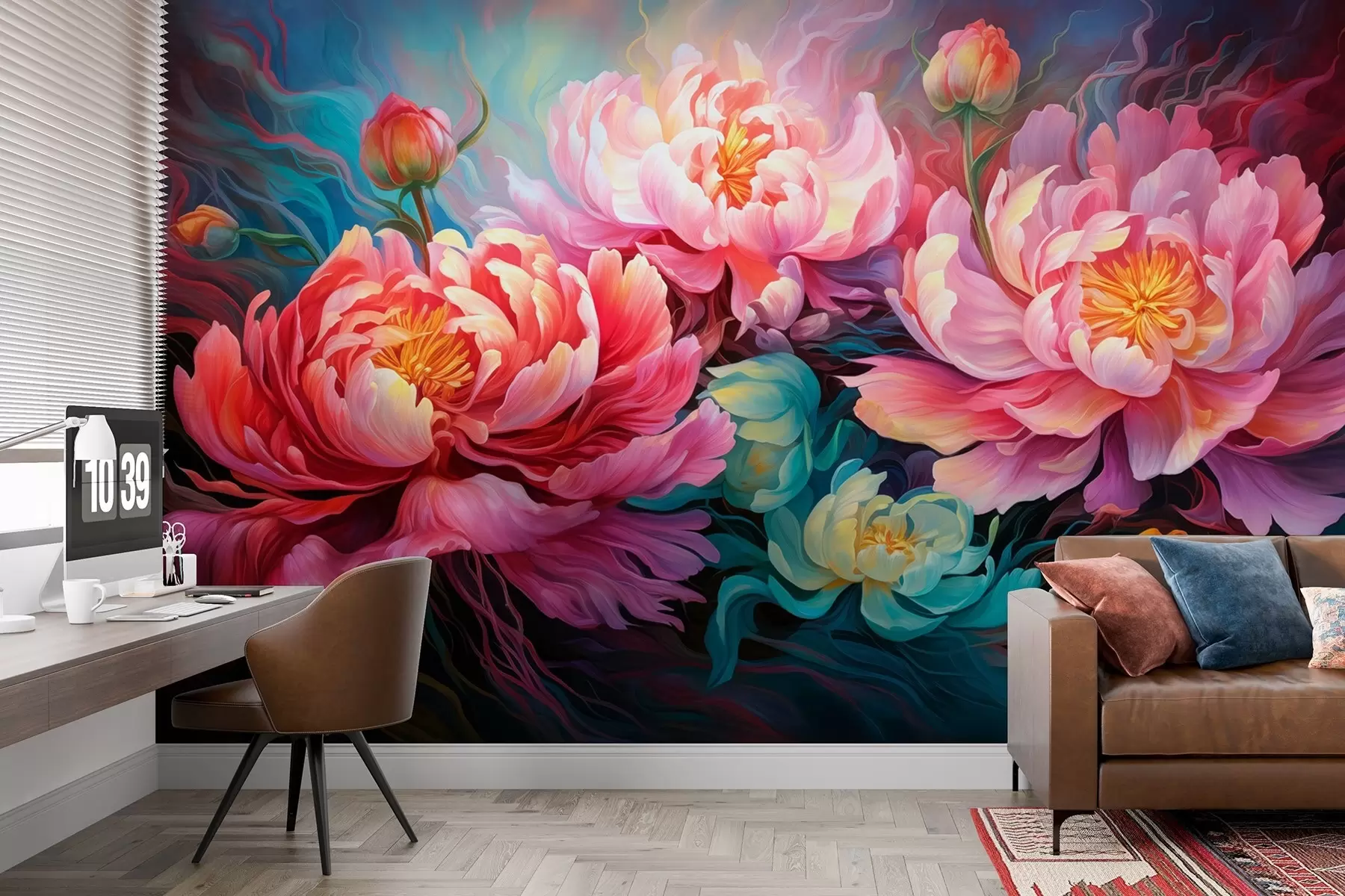 murales de pared Peonías rosas de cuento en estilo pincelada w08879