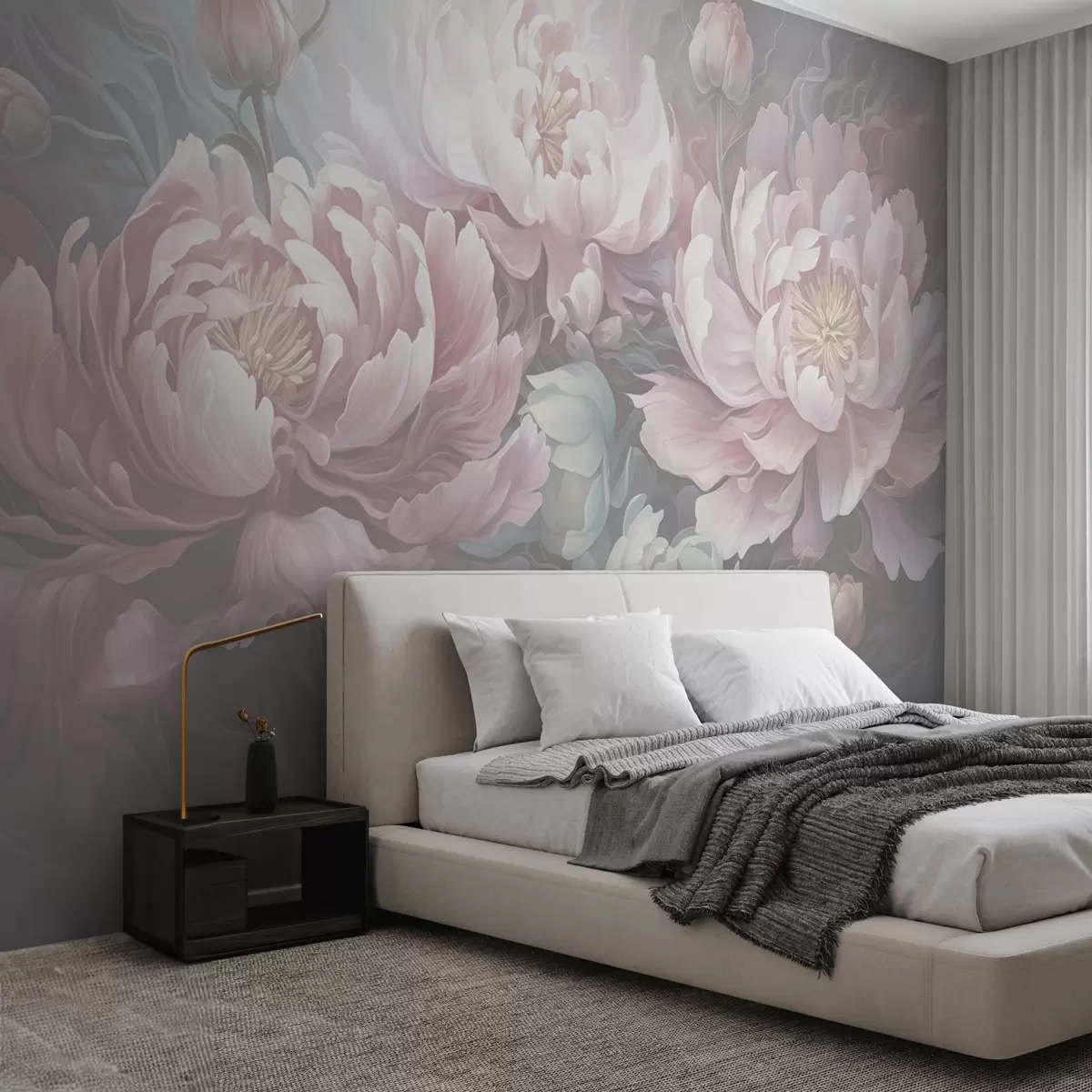 murales de pared Peonías de cuento en estilo pincelada en tonos fríos w08879v1