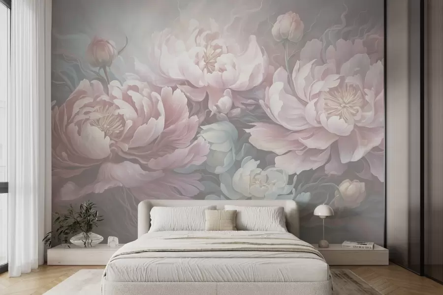 murales de pared Peonías de cuento en estilo pincelada en tonos fríos w08879v1