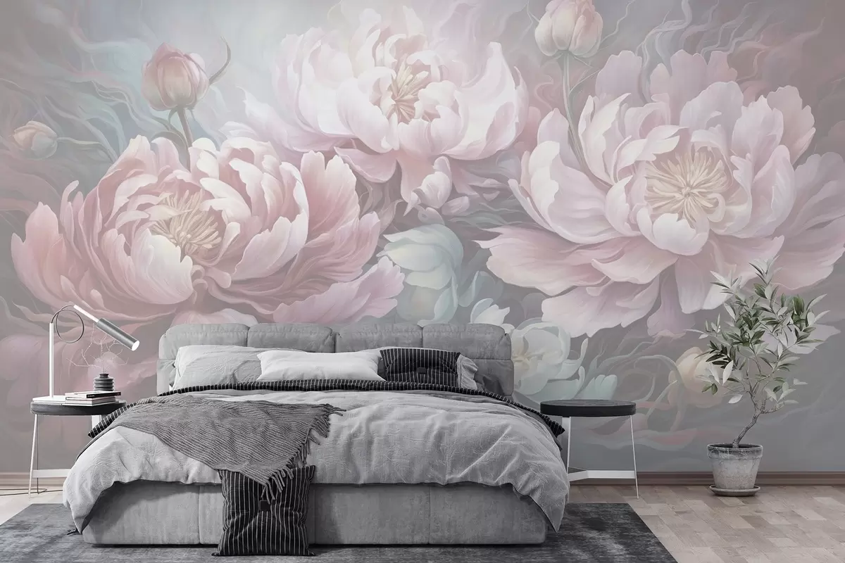 murales de pared Peonías de cuento en estilo pincelada en tonos fríos w08879v1