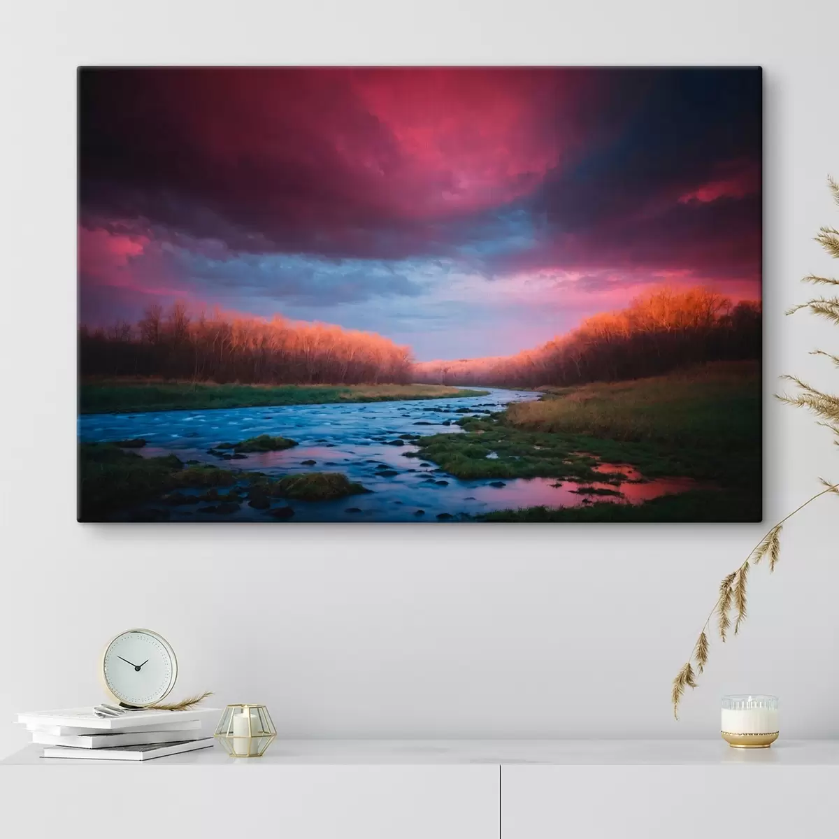 murales de pared Arroyo en el campo sobre fondo de cielo púrpura s43120