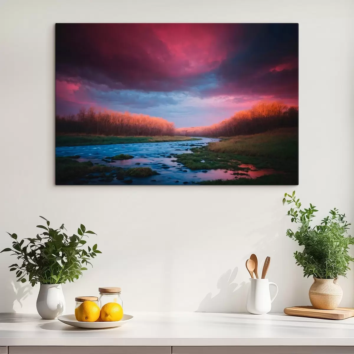 murales de pared Arroyo en el campo sobre fondo de cielo púrpura s43120