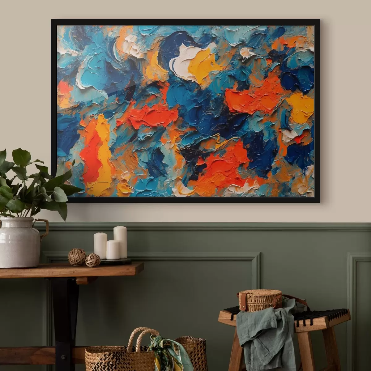 Poster Pintura abstracta al óleo con colores blanco, azul y rojo f43093