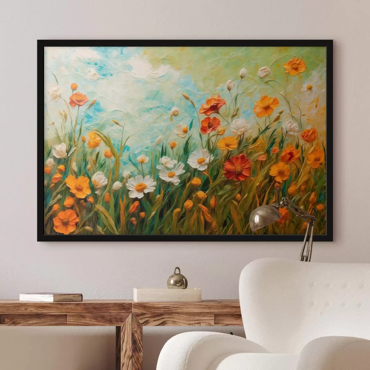 Poster Campo de flores sobre fondo abstracto de cielo azul f43100