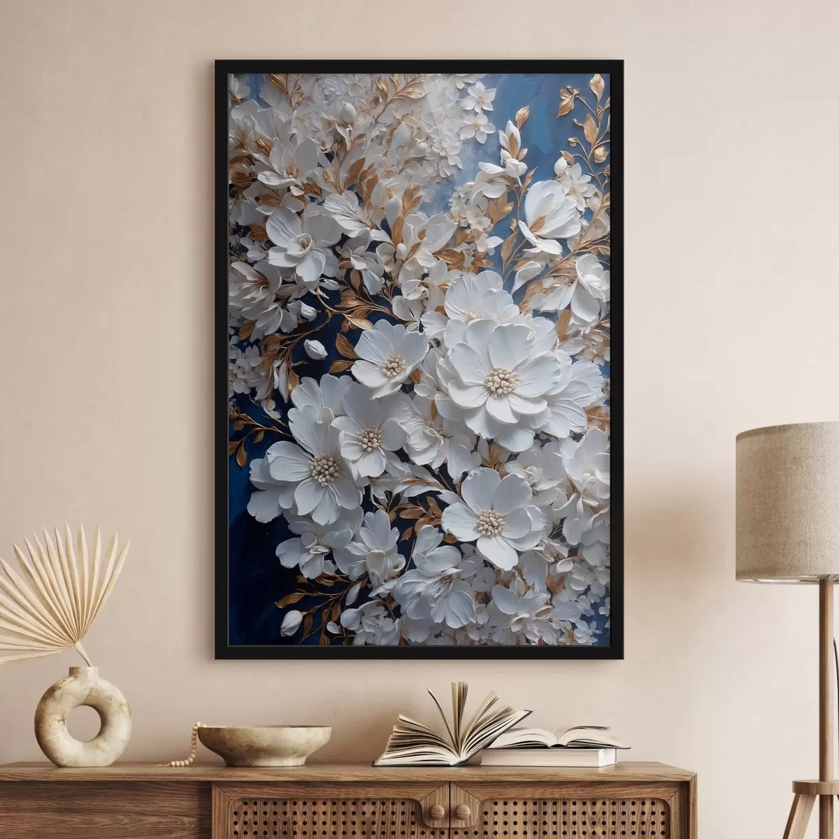 Poster Flores blancas sobre fondo azul. f43116