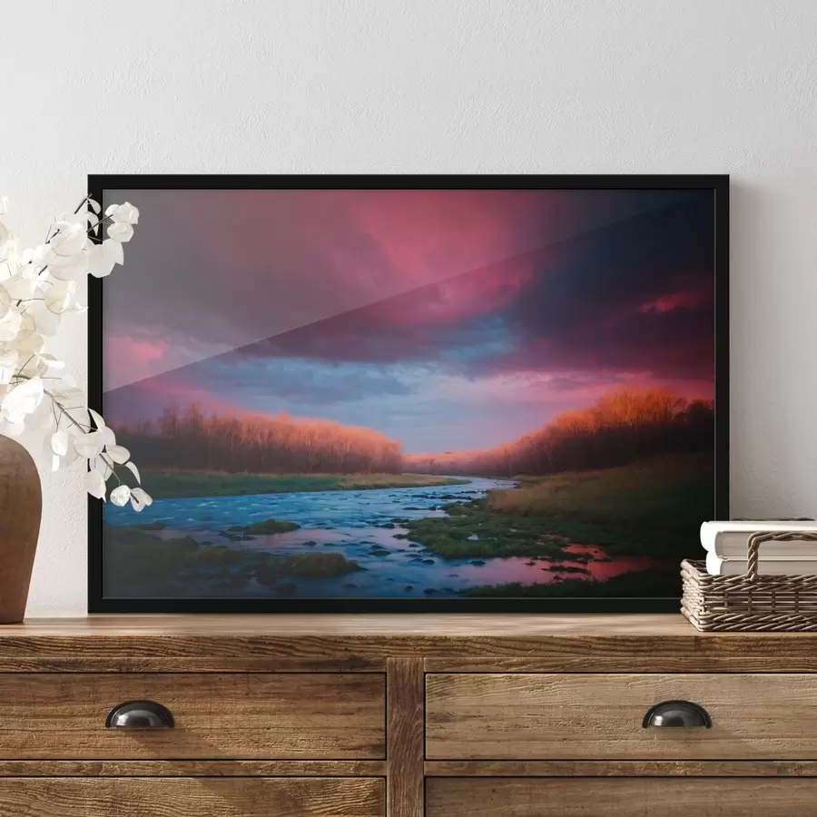 murales de pared Arroyo en el campo sobre fondo de cielo púrpura f43120