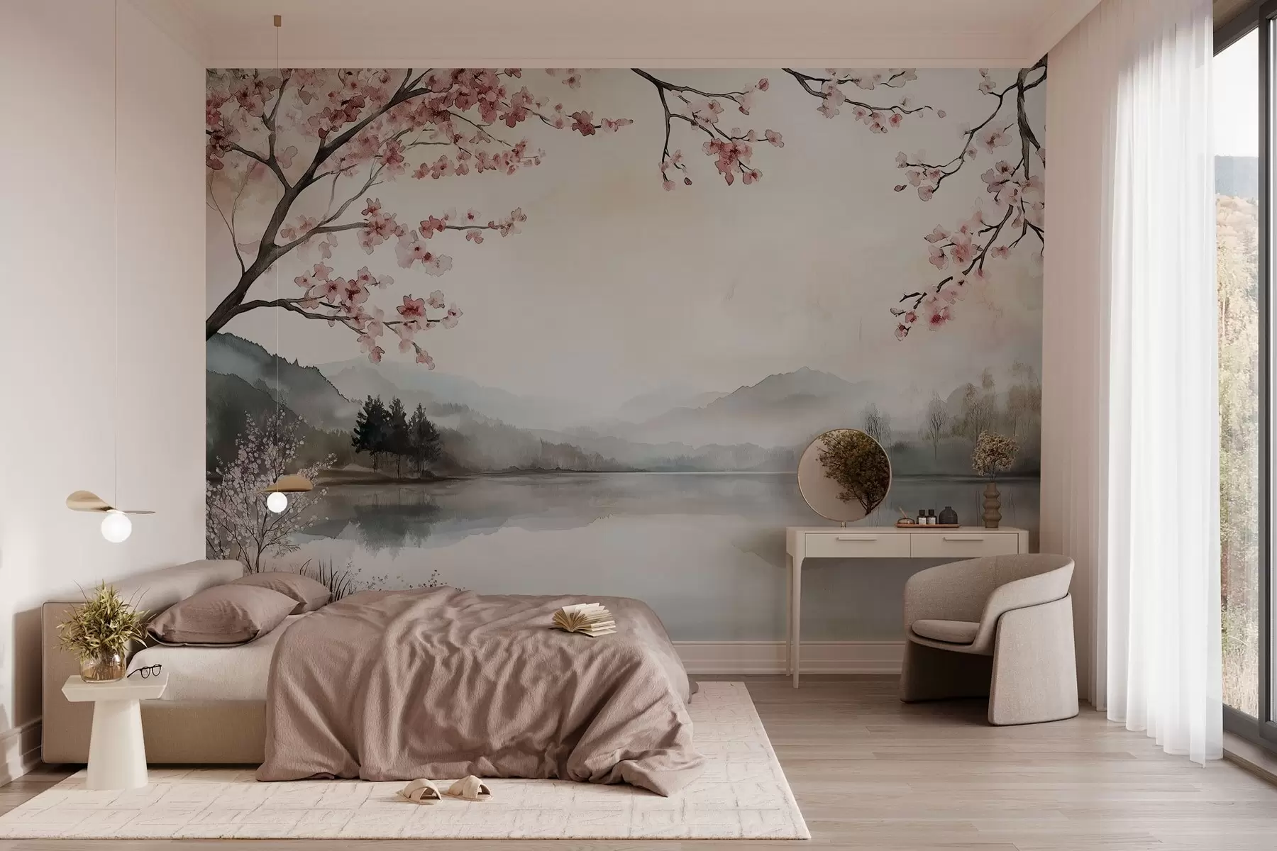 murales de pared tranquilo paisaje en acuarela con un lago y un árbol en flor w03282