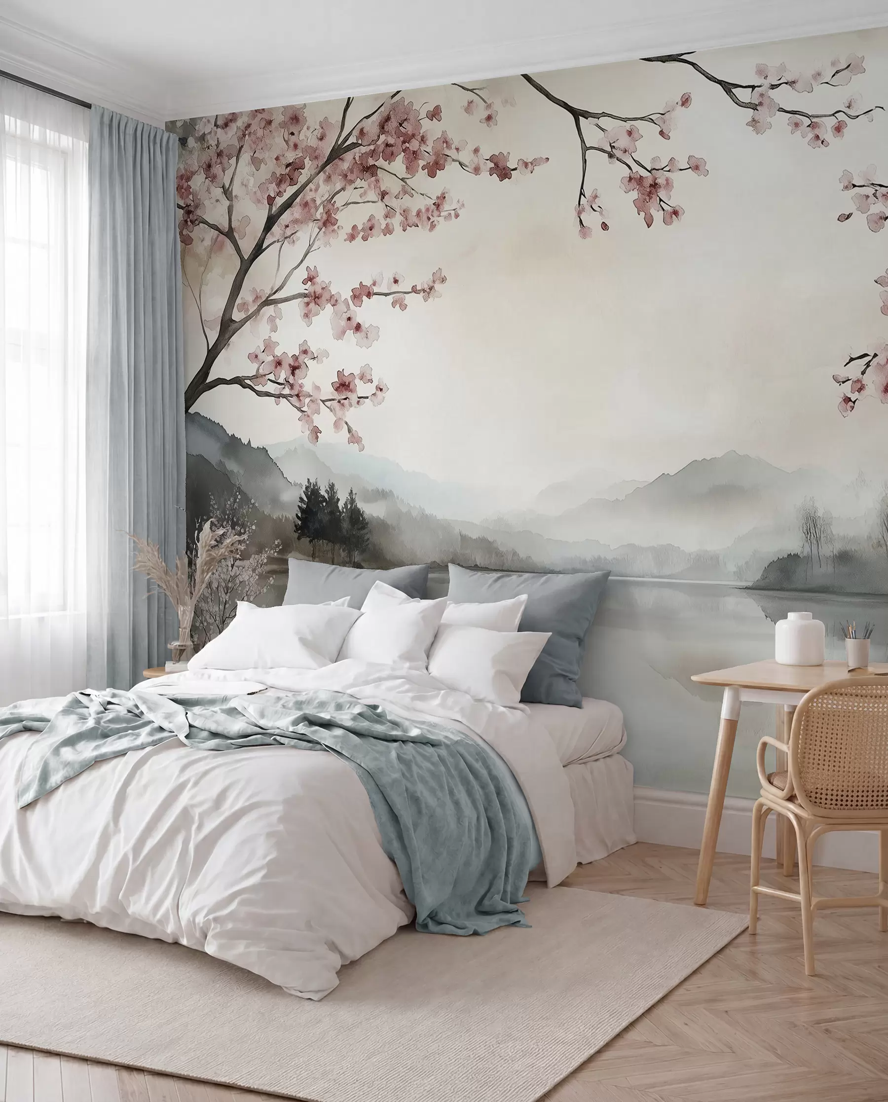 murales de pared tranquilo paisaje en acuarela con un lago y un árbol en flor w03282
