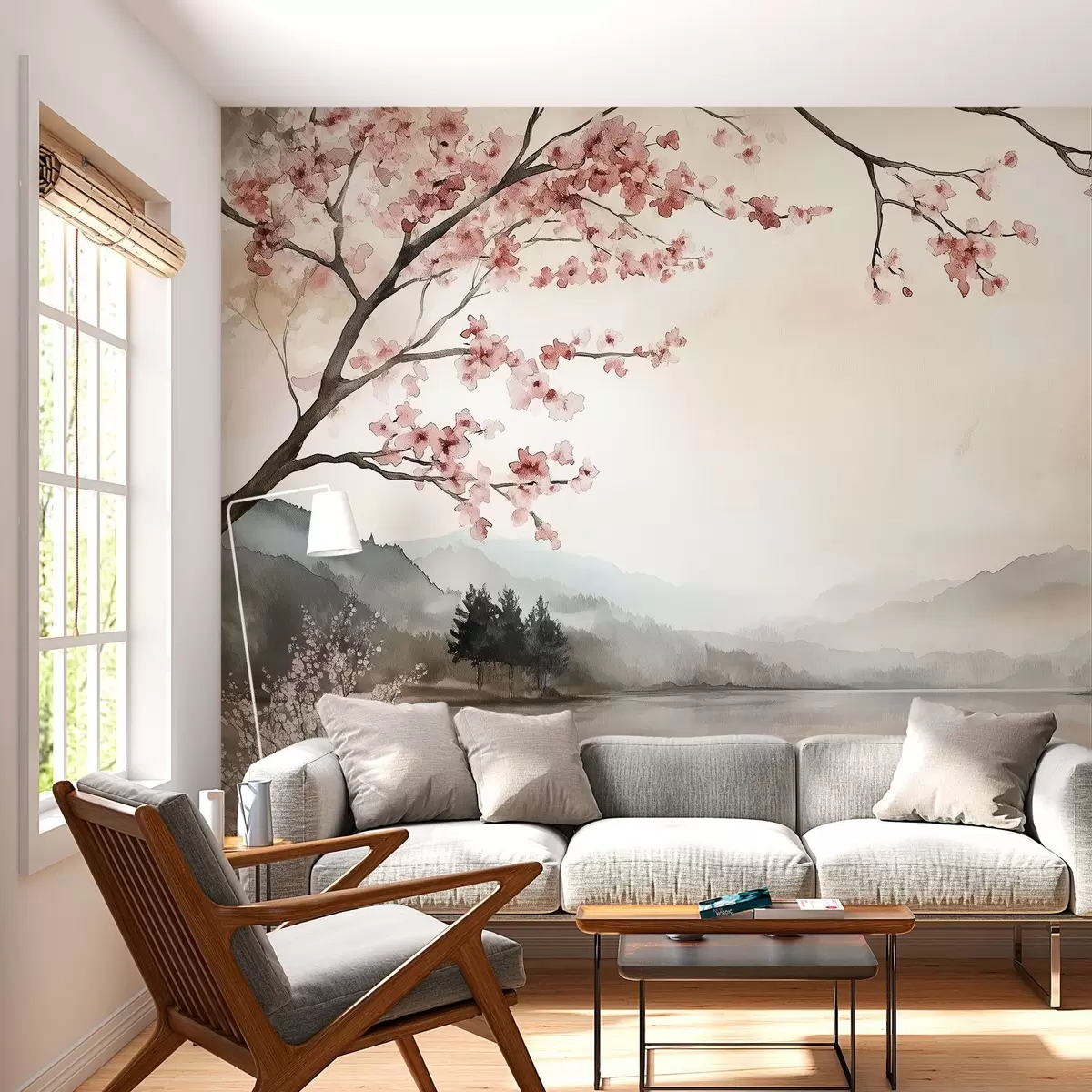 murales de pared tranquilo paisaje en acuarela con un lago y un árbol en flor w03282