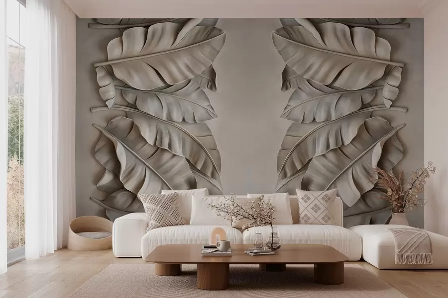 murales de pared imitación de un bajorrelieve con hojas tropicales en tonos beige w03285