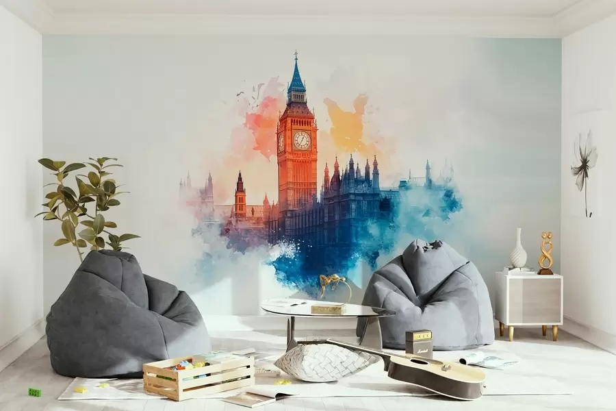 murales de pared dibujo en acuarela del Big Ben sobre fondo claro w03287