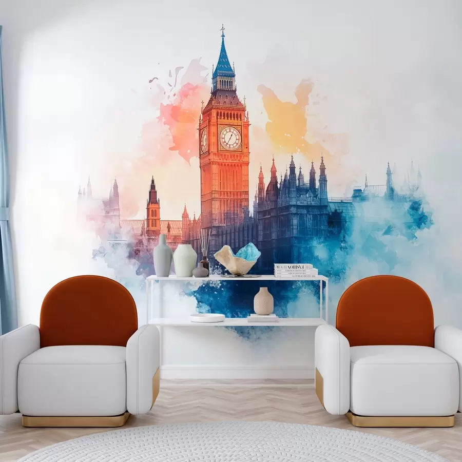 murales de pared dibujo en acuarela del Big Ben sobre fondo claro w03287
