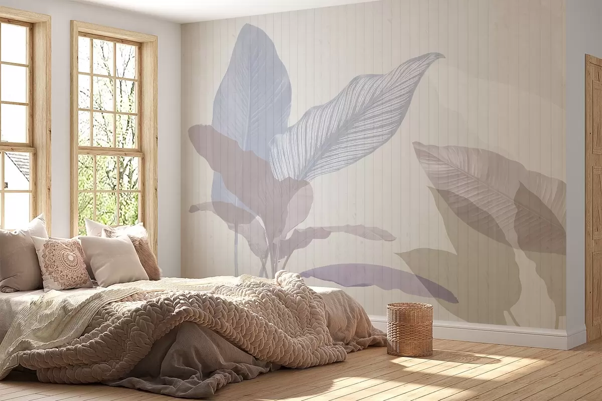 murales de pared Suave ilustración botánica con grandes hojas translúcidas en tonos pastel sobre un fondo texturizado w03323