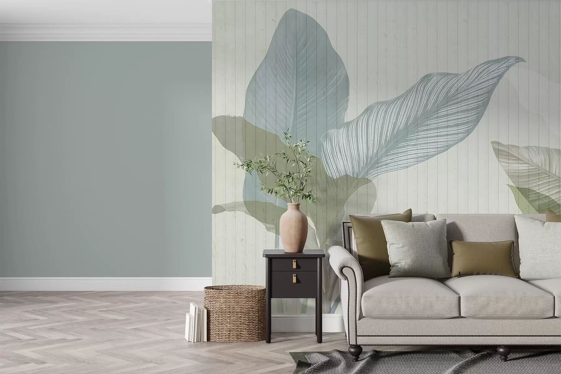 murales de pared Suave ilustración botánica con grandes hojas translúcidas en tonos pastel sobre un fondo texturizado w03323v1