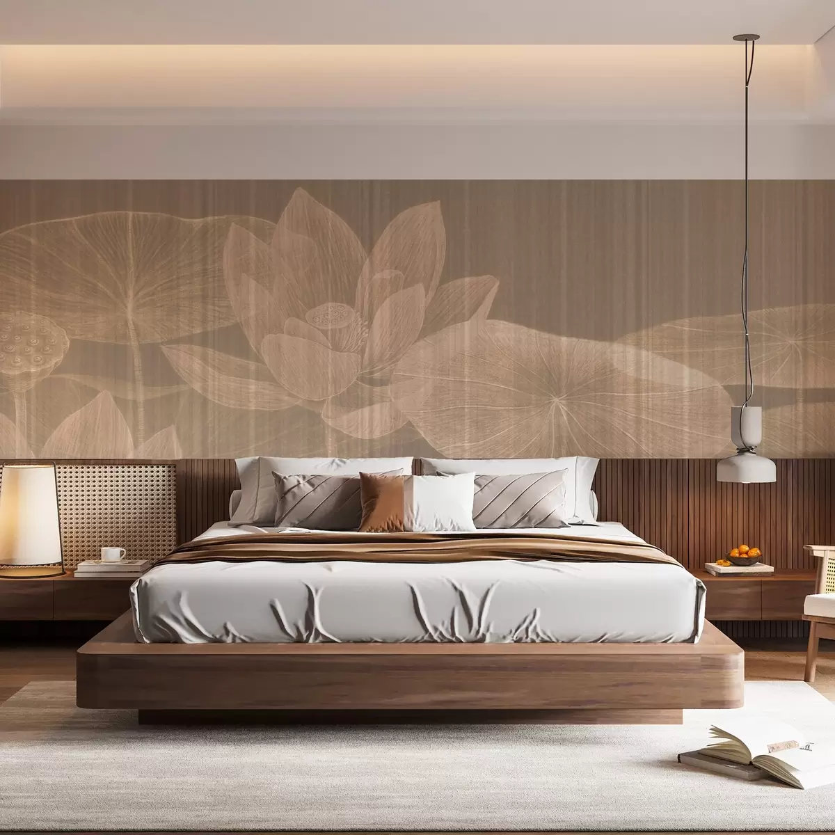 murales de pared Elegante ilustración de lotos y nenúfares en tonos pastel con efecto de lino texturizado, w03324v2