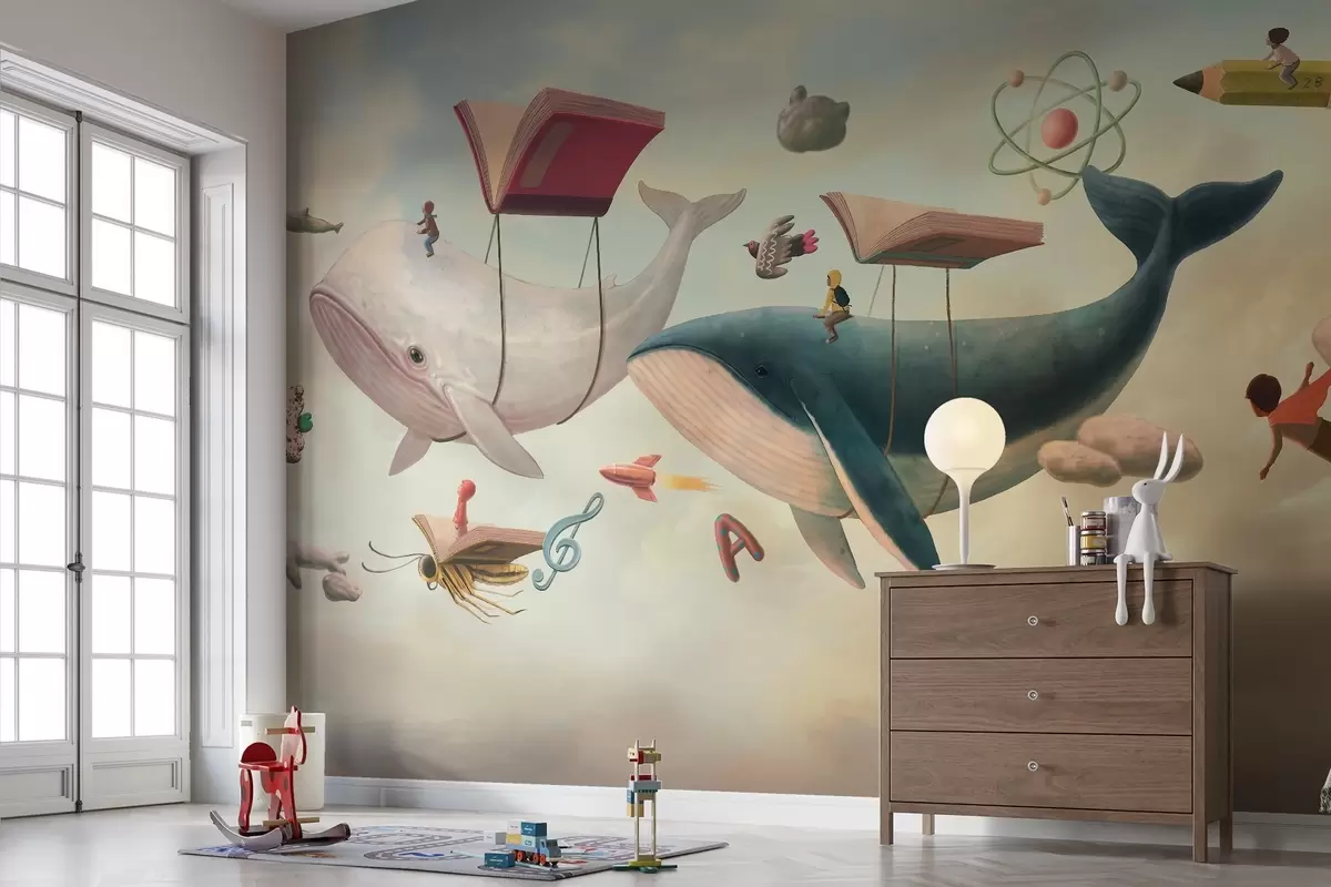 murales de pared Una caprichosa ilustración de ballenas volando en el cielo bajo globos en forma de libro w03327
