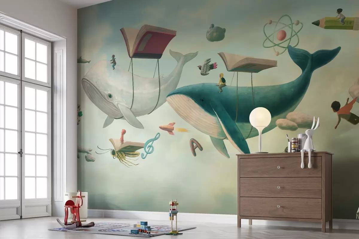 murales de pared Una caprichosa ilustración de ballenas volando en el cielo bajo globos en forma de libro w03327v2