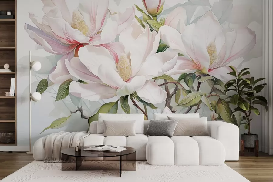 murales de pared Flores de magnolia con pétalos blancos y rosas, hojas y ramas marrones, estilo acuarela suave y delicada w08885