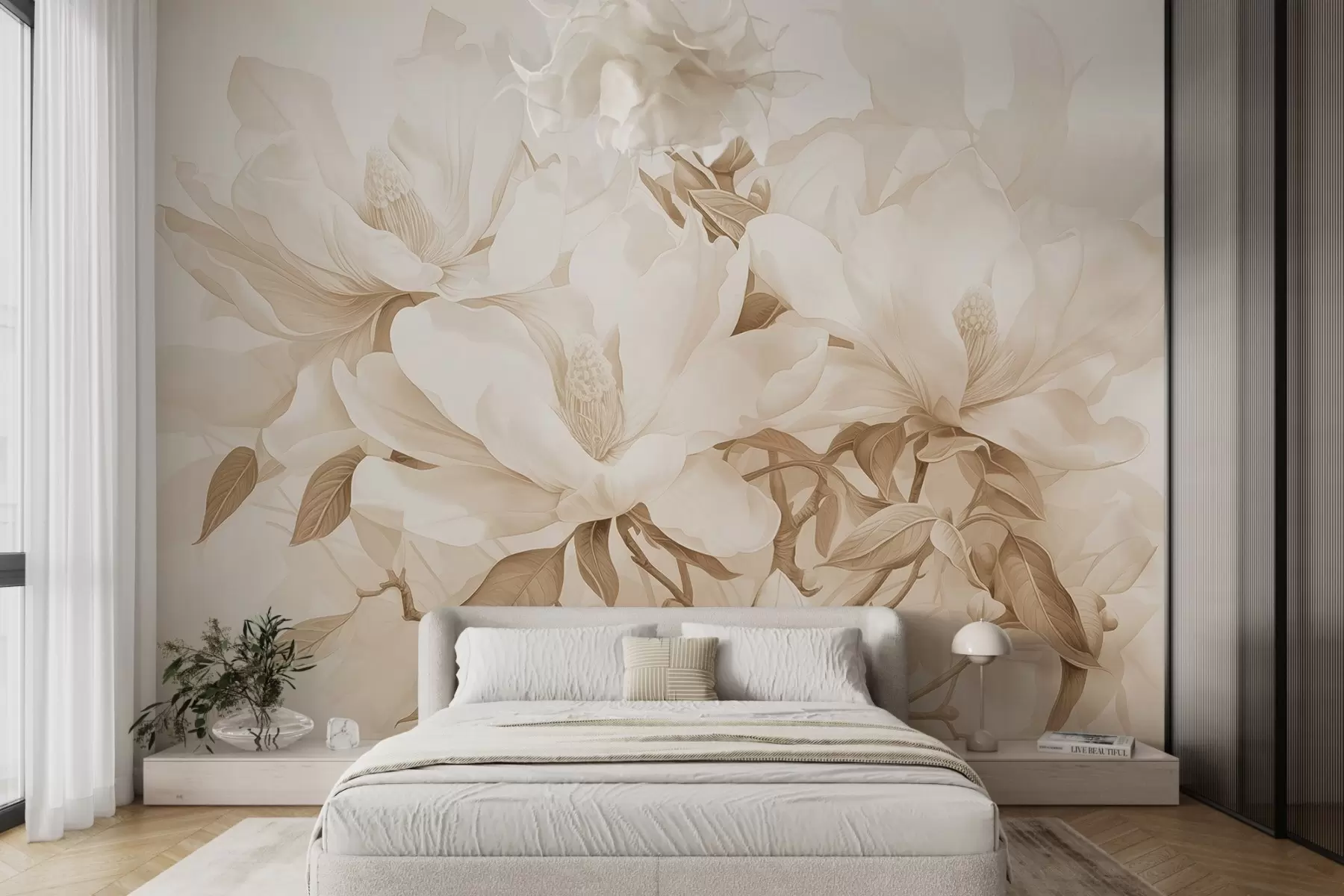 murales de pared Flores de magnolia con pétalos blancos y beige, hojas y ramas marrones, estilo acuarela suave y delicada w08886