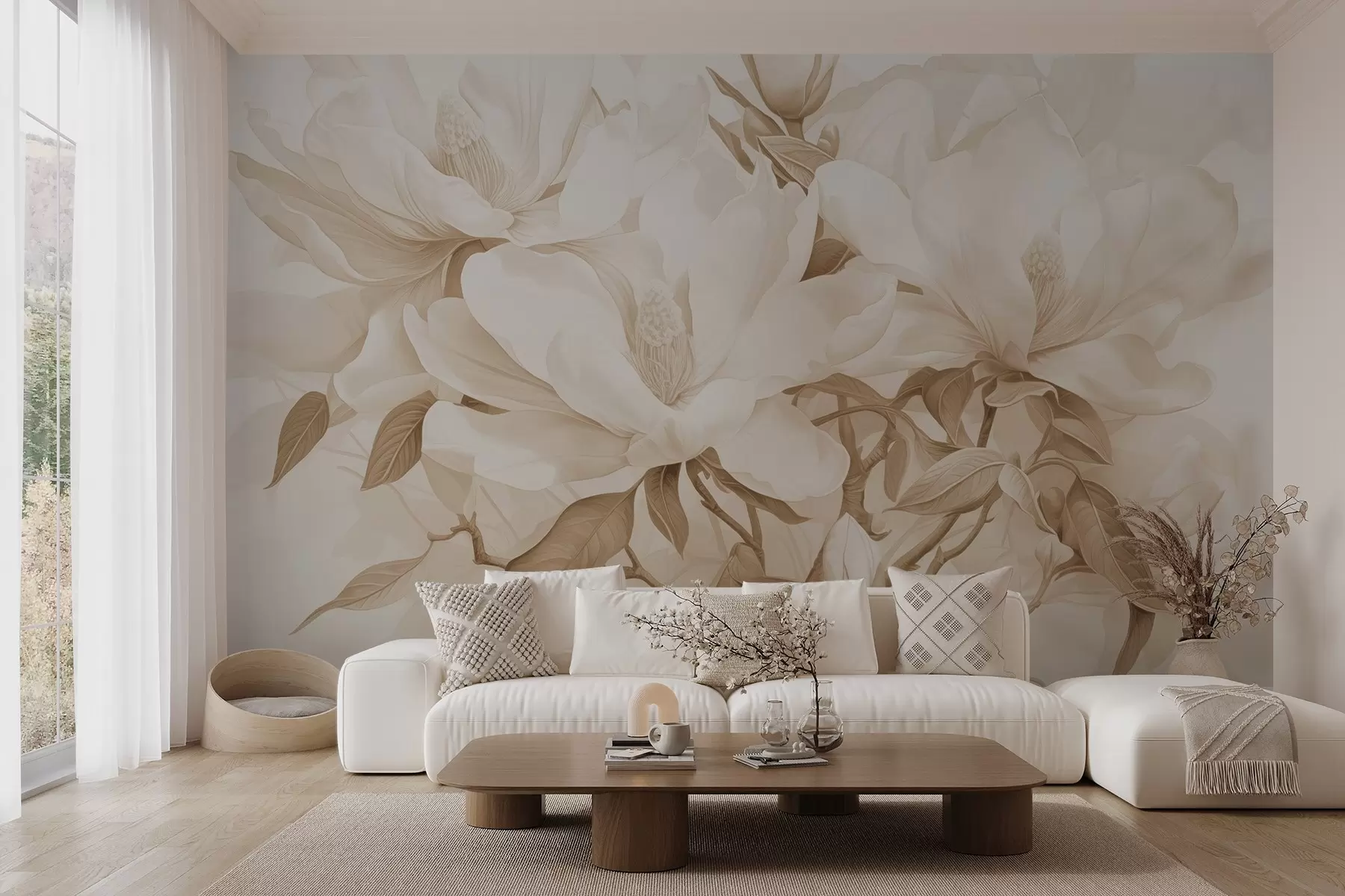 murales de pared Flores de magnolia con pétalos blancos y beige, hojas y ramas marrones, estilo acuarela suave y delicada w08886