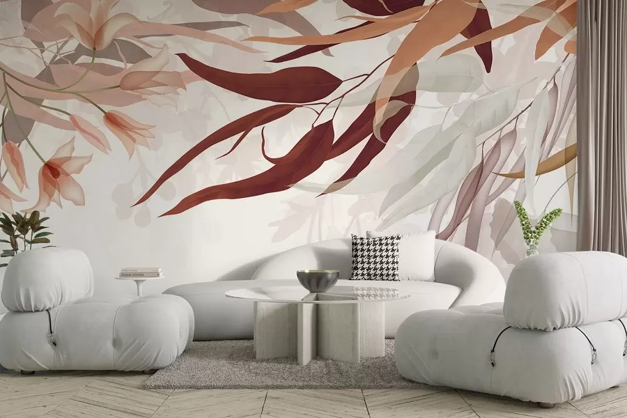 murales de pared Hojas de eucalipto en tonos bordo, beige y blanco con delicadas flores y ramas sobre fondo blanco w08887