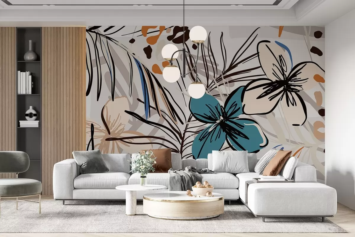 murales de pared Estampado abstracto moderno con hojas de palmera tropicales, flores azules y beige, líneas negras, fondo claro w08889