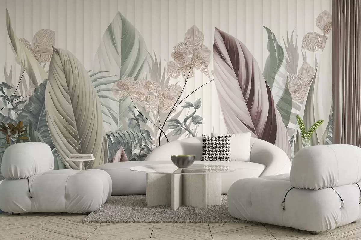 murales de pared Hojas tropicales con suaves colores pastel, verde claro , rosa claro y marrón claro, líneas verticales en el fondo w08892