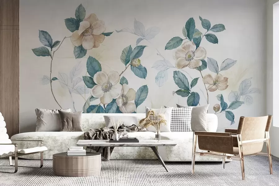 murales de pared Flores en delicado estilo acuarela con pétalos blancos y beige y hojas verdes sobre una rama, fondo claro  w08895