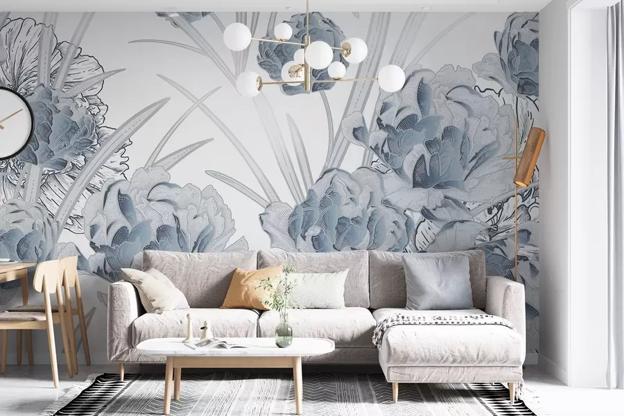 murales de pared Peonías azules con hojas sobre fondo blanco, diseño floral, ilustración botánica  w08896