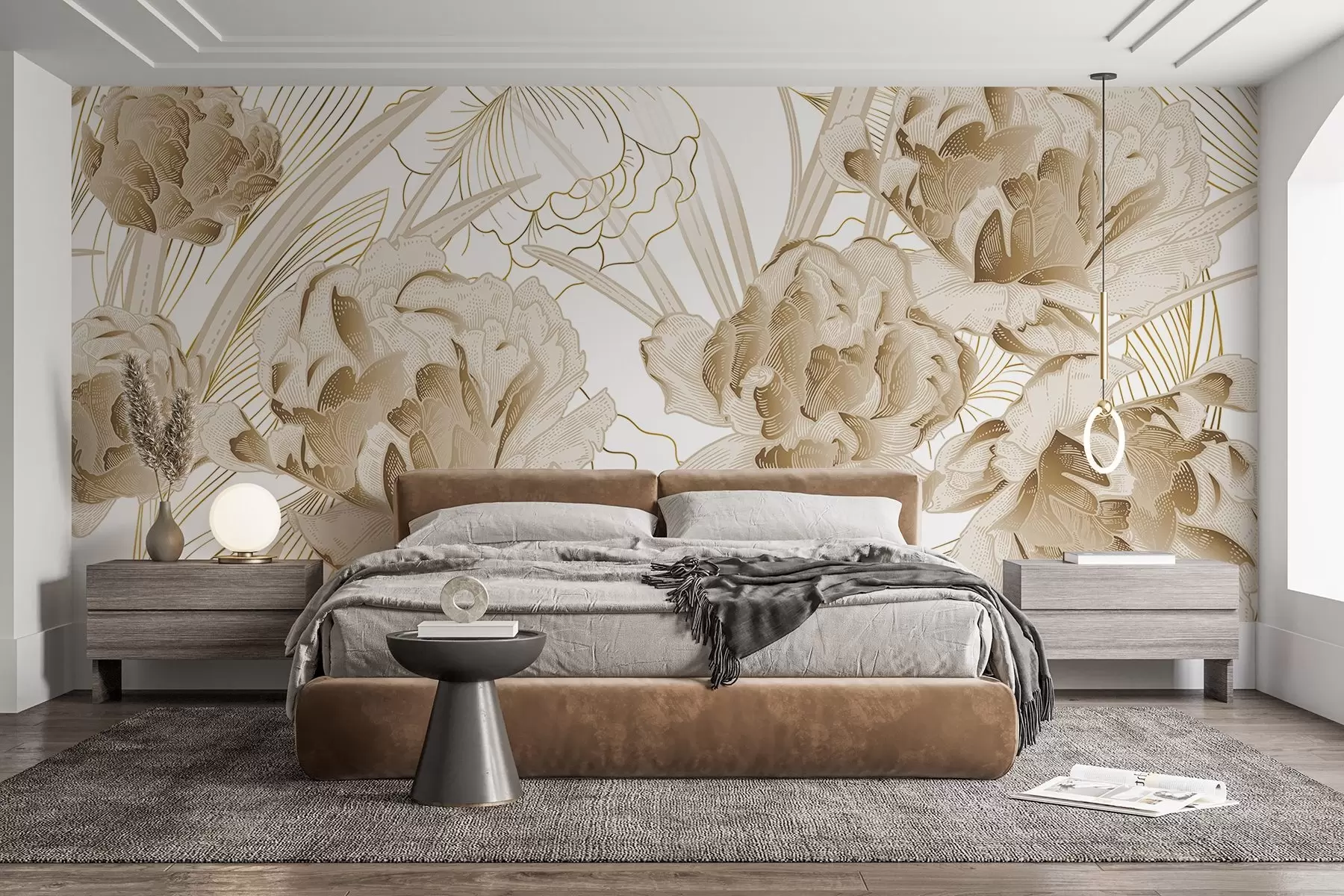 murales de pared Peonías beige con hojas sobre fondo blanco, diseño floral, ilustración botánica  w08897