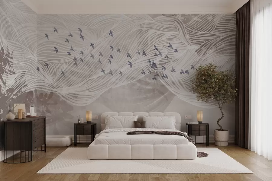 murales de pared Bandada de pájaros volando sobre el paisaje abstracto de arte lineal ondas de color beige con textura, colores suaves , diseño minimalista  w08898