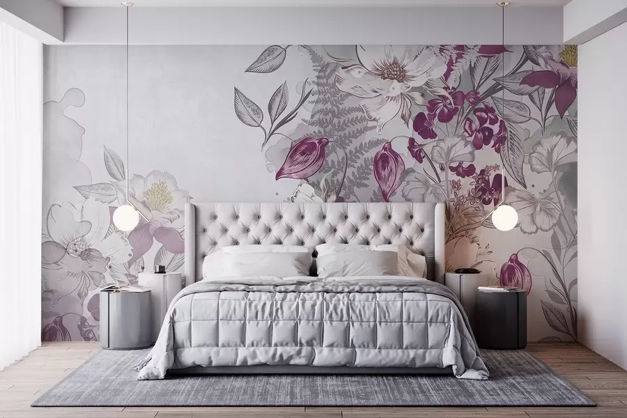 murales de pared Flores con pétalos, hojas y tallos blancos y morados , efecto acuarela , fondo gris claro texturado  w08899