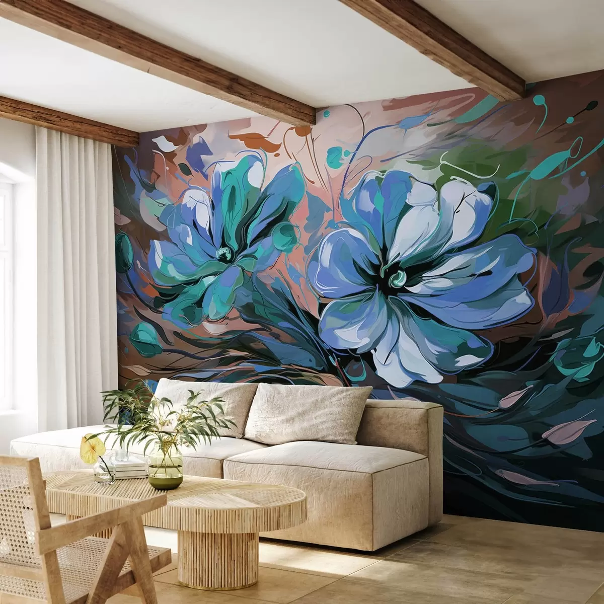 murales de pared Grandes flores abstractas azules y azules w08863v1