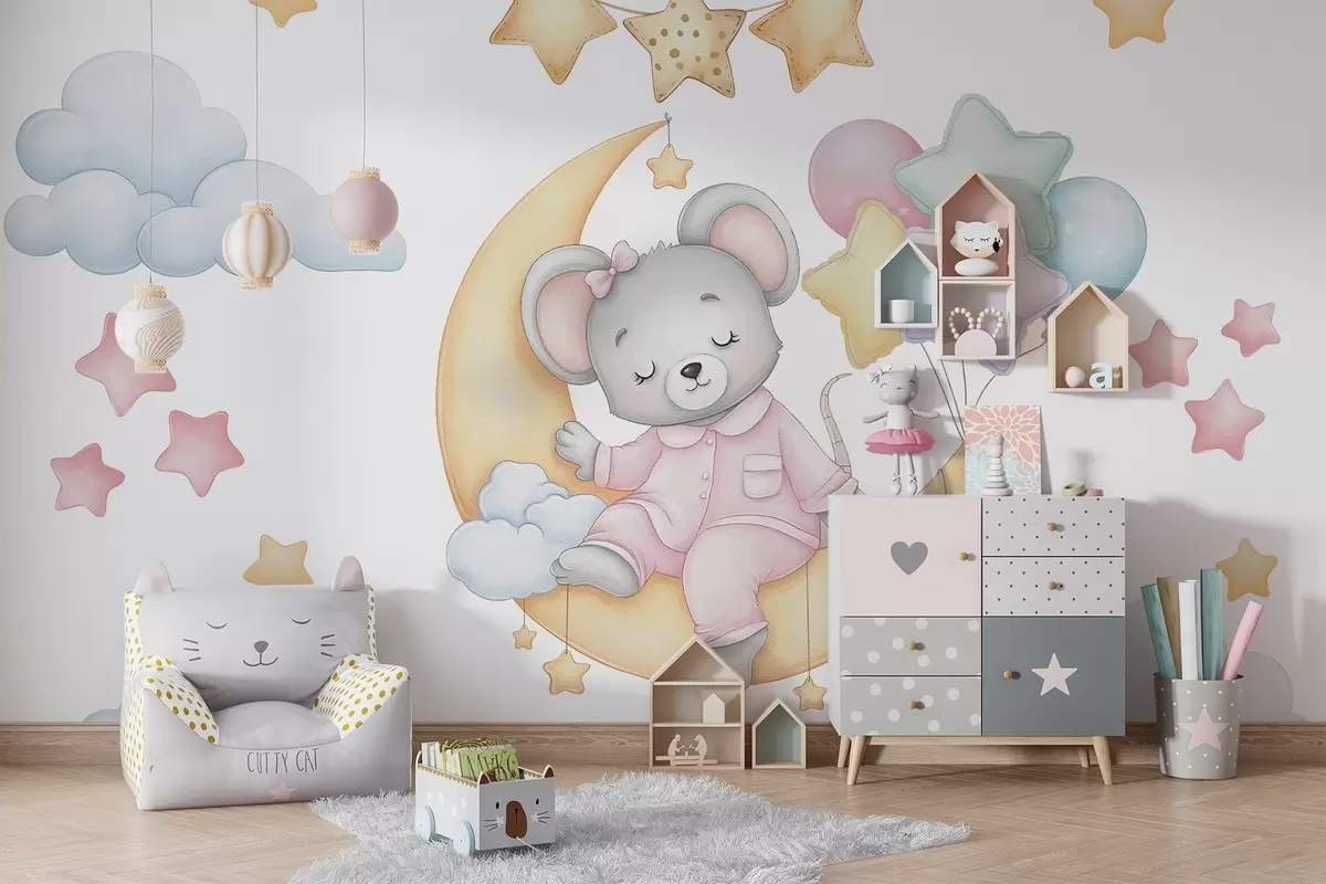 murales de pared Adorable ilustración de un ratoncito dormido en la luna, rodeado de estrellas, nubes y globos w03380
