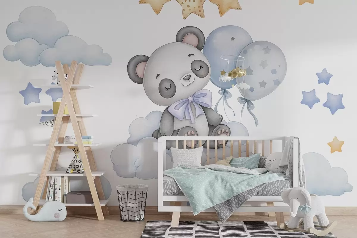 murales de pared Encantadora ilustración de un pequeño panda sentado en una nube, rodeado de estrellas, globos y suaves nubes w03381