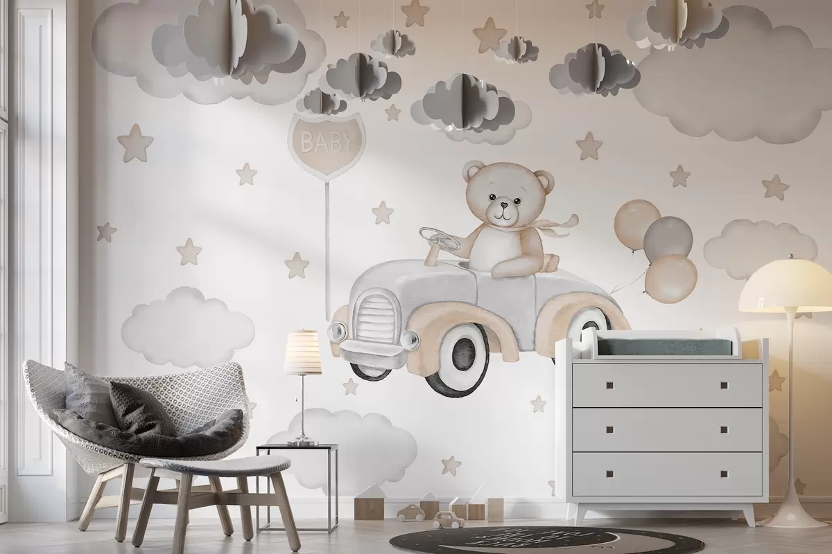 murales de pared Adorable ilustración de un osito de peluche conduciendo un coche de época entre nubes y estrellas w03382