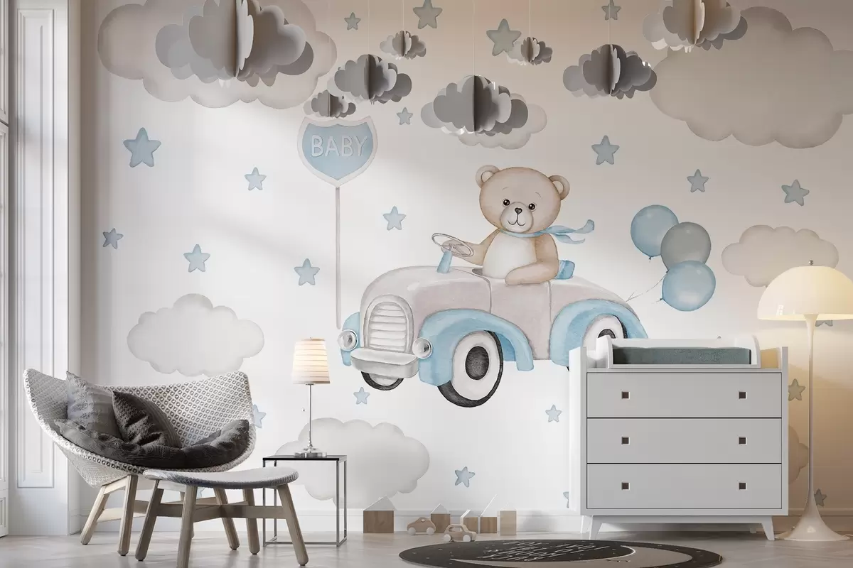 murales de pared Adorable ilustración de un osito de peluche conduciendo un coche de época entre nubes y estrellas w03382v1