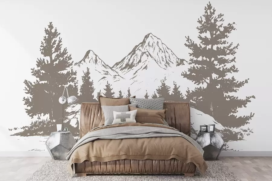 murales de pared Los Alpes, montañas con bosque, dibujo lineal, color beige w03342