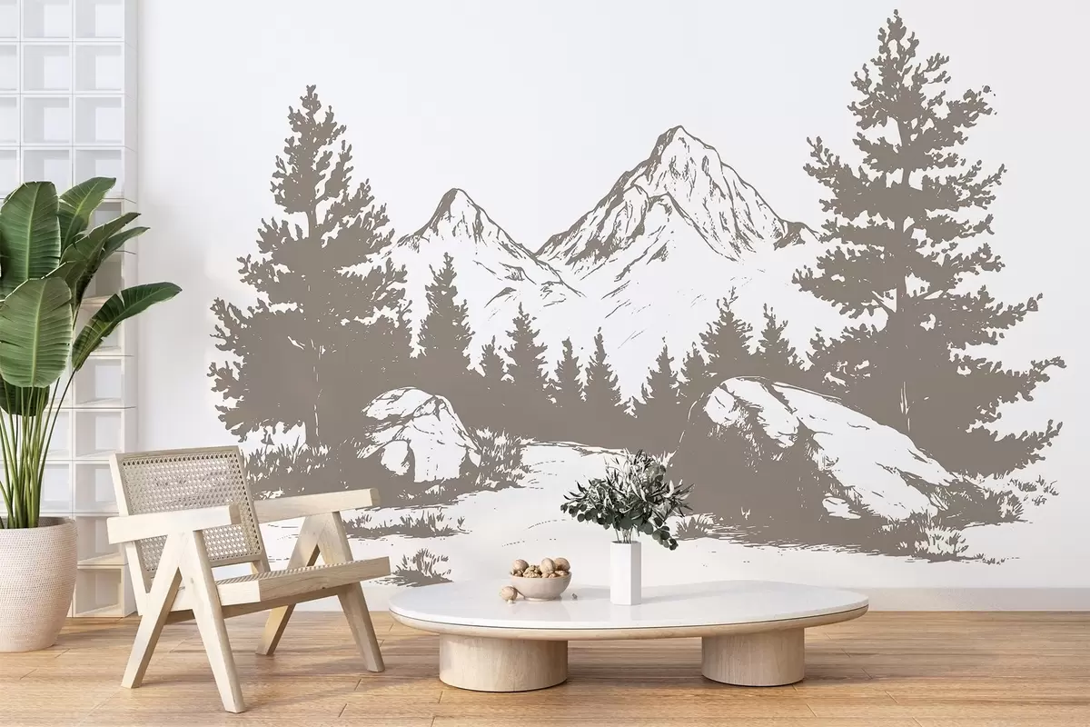 murales de pared Los Alpes, montañas con bosque, dibujo lineal, color beige w03342