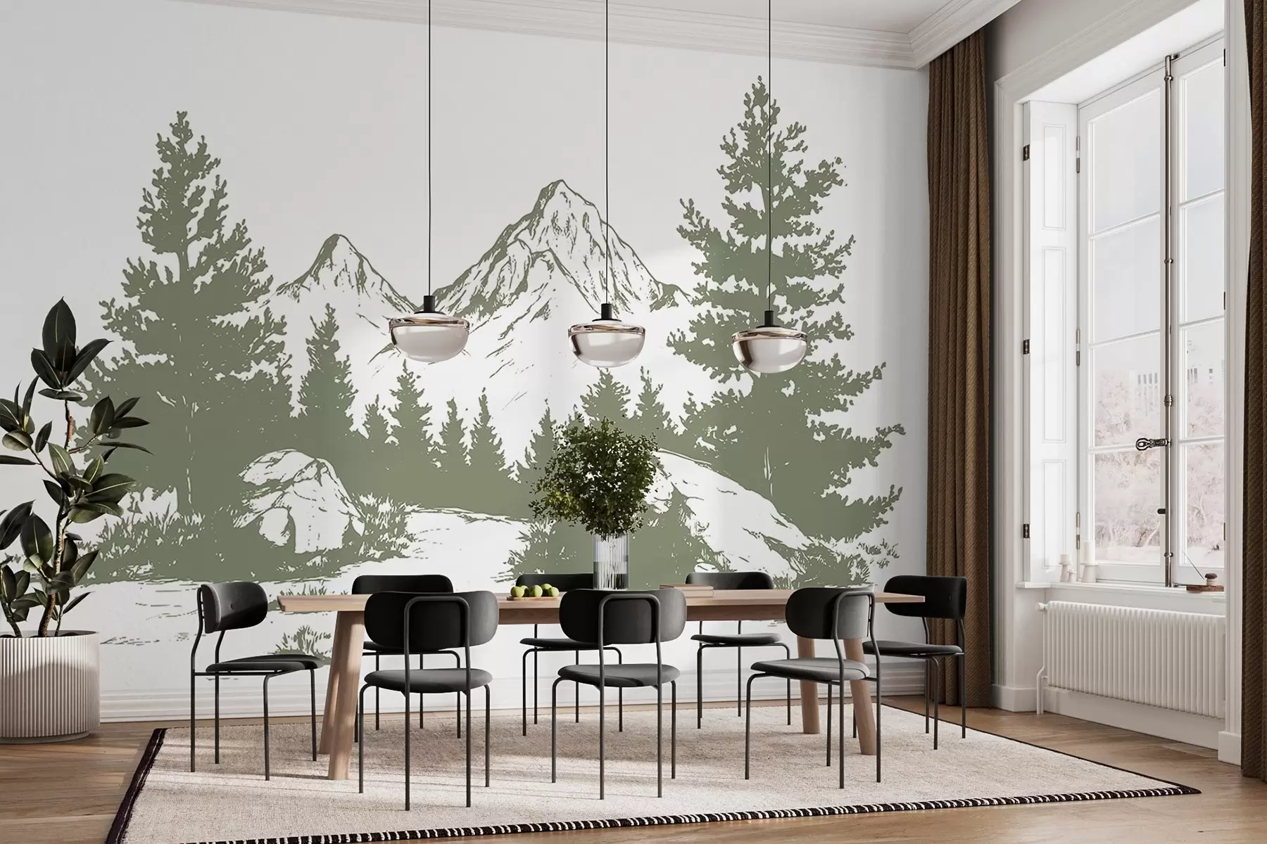 murales de pared Los Alpes, montañas con bosque, dibujo lineal, color verde w03342v1