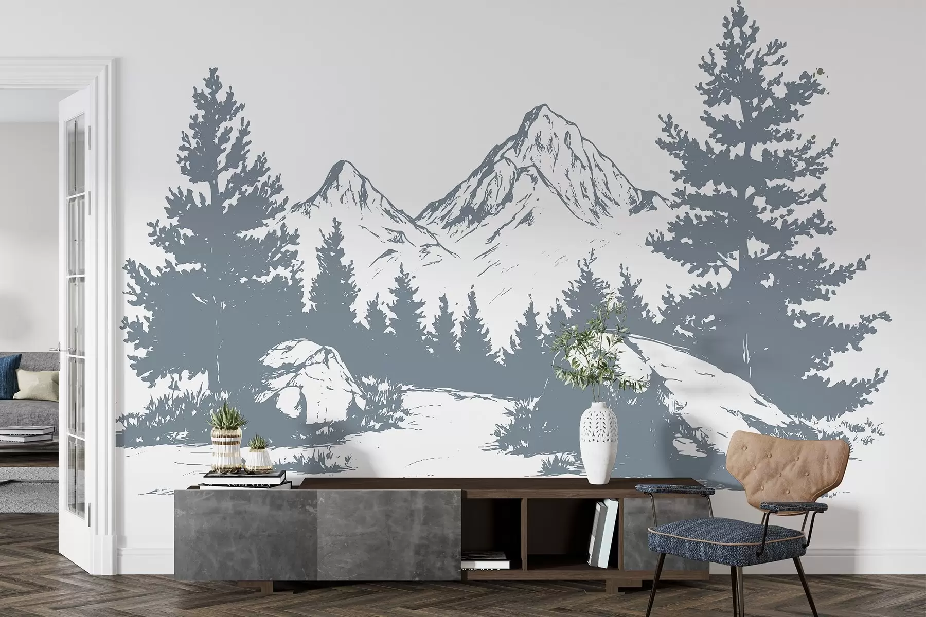murales de pared Los Alpes, montañas con bosque, dibujo lineal, color gris w03342v2
