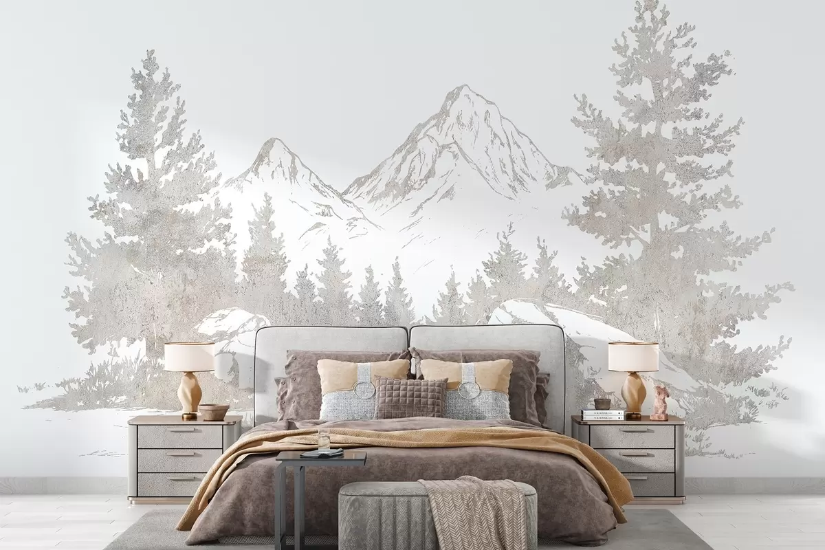 murales de pared Los Alpes, montañas con bosque, dibujo lineal, colores naturales w03343