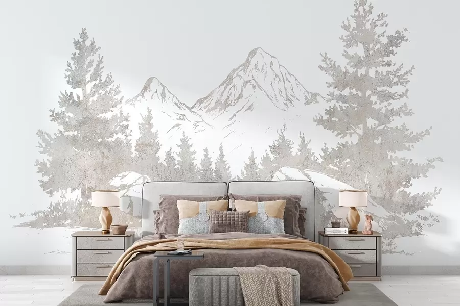 murales de pared Los Alpes, montañas con bosque, dibujo lineal, colores naturales w03343