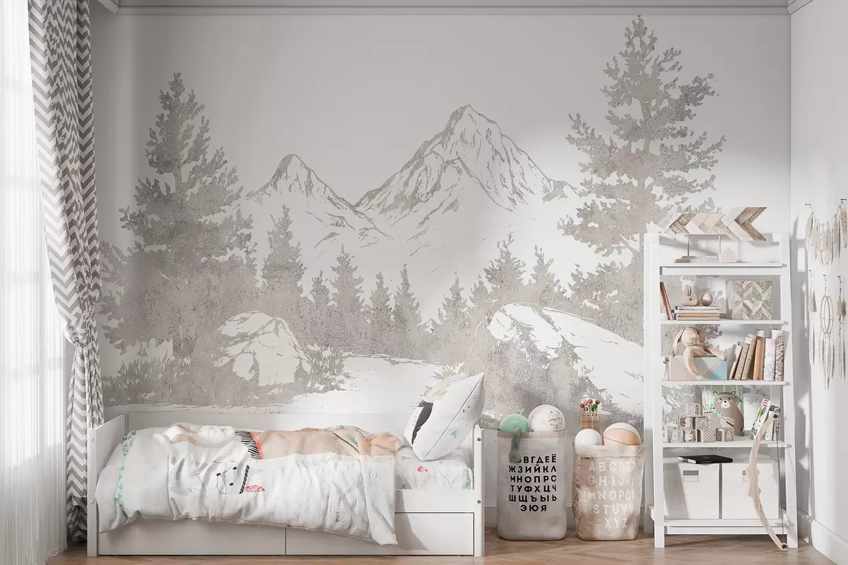 murales de pared Los Alpes, montañas con bosque, dibujo lineal, colores naturales w03343
