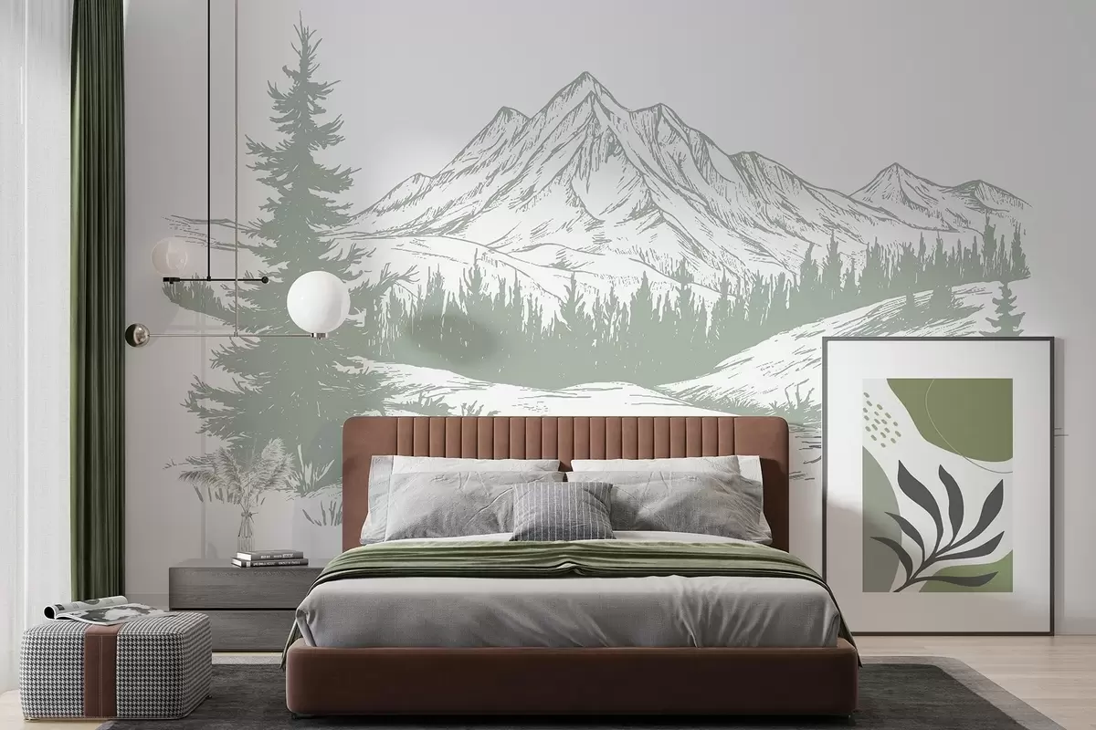 murales de pared Paisaje de montaña con pinos, bosque, naturaleza, color verde suave w03344v1