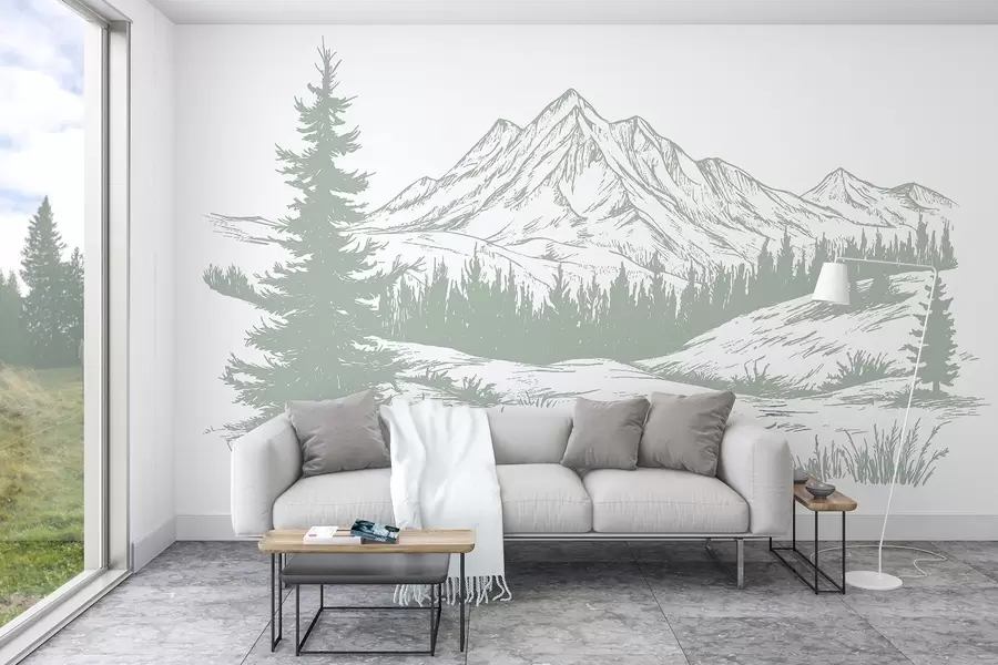murales de pared Paisaje de montaña con pinos, bosque, naturaleza, color verde suave w03344v1