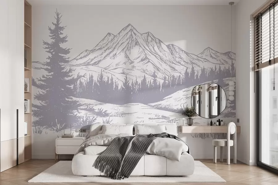 murales de pared Paisaje de montañas con pinos, bosque, naturaleza, suave color púrpura w03344v2